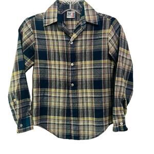 Vintage 70s Billy The Kid Blue Tan Plaid Long Sleeve Button Front Shirt 10